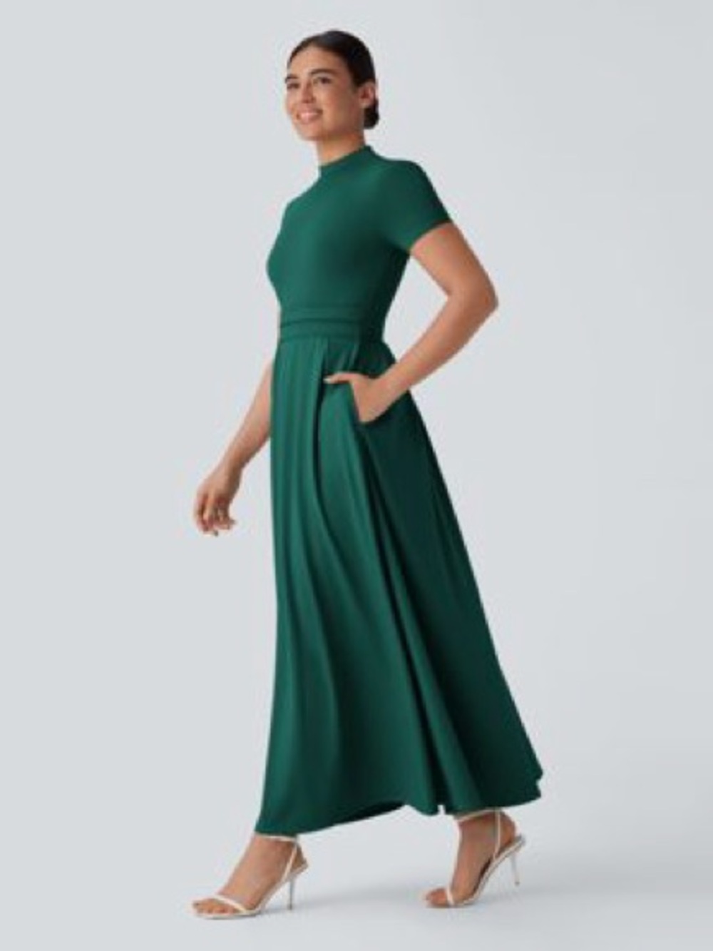 HALARA Emerald Green Short-Sleeve High-Neck Maxi Dress